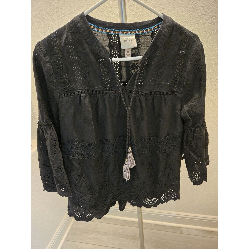 Knox Rose Size M Black Eyelet Lace Boho Peasant Blouse Tassel Tie Sleeve Top